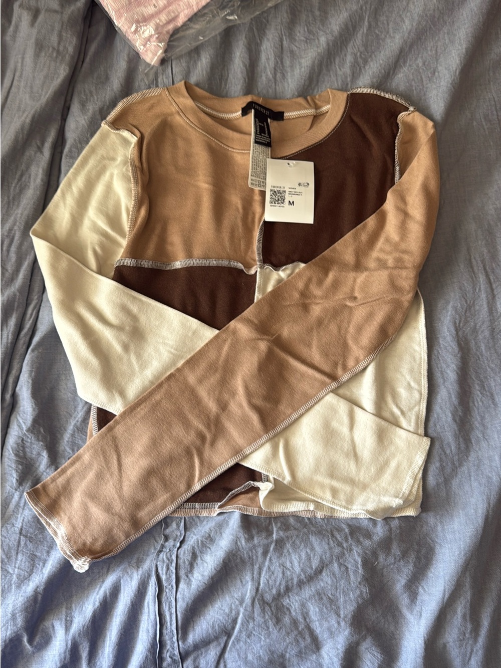Forever 21 Colorblock Long Sleeve Top in Cream, Tan & Brown